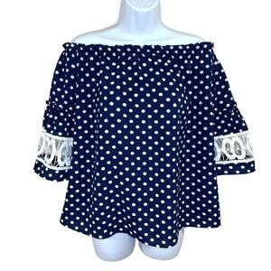 Small Hyped Unicorn Blue White Polka Dot Off Shoulder Lace Accent Peasant Boho